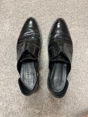Freda Salvador Black Croc-Embossed Slip-On Loafers with Stud Detail